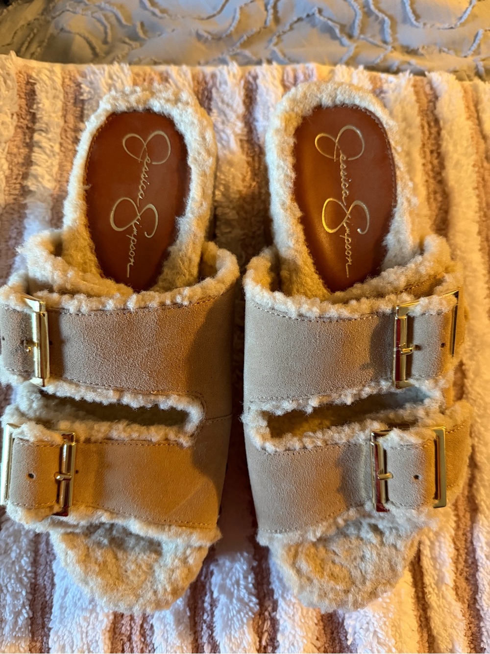 Jessica Simpson Beige Faux-Shearling Buckle Slide Mules